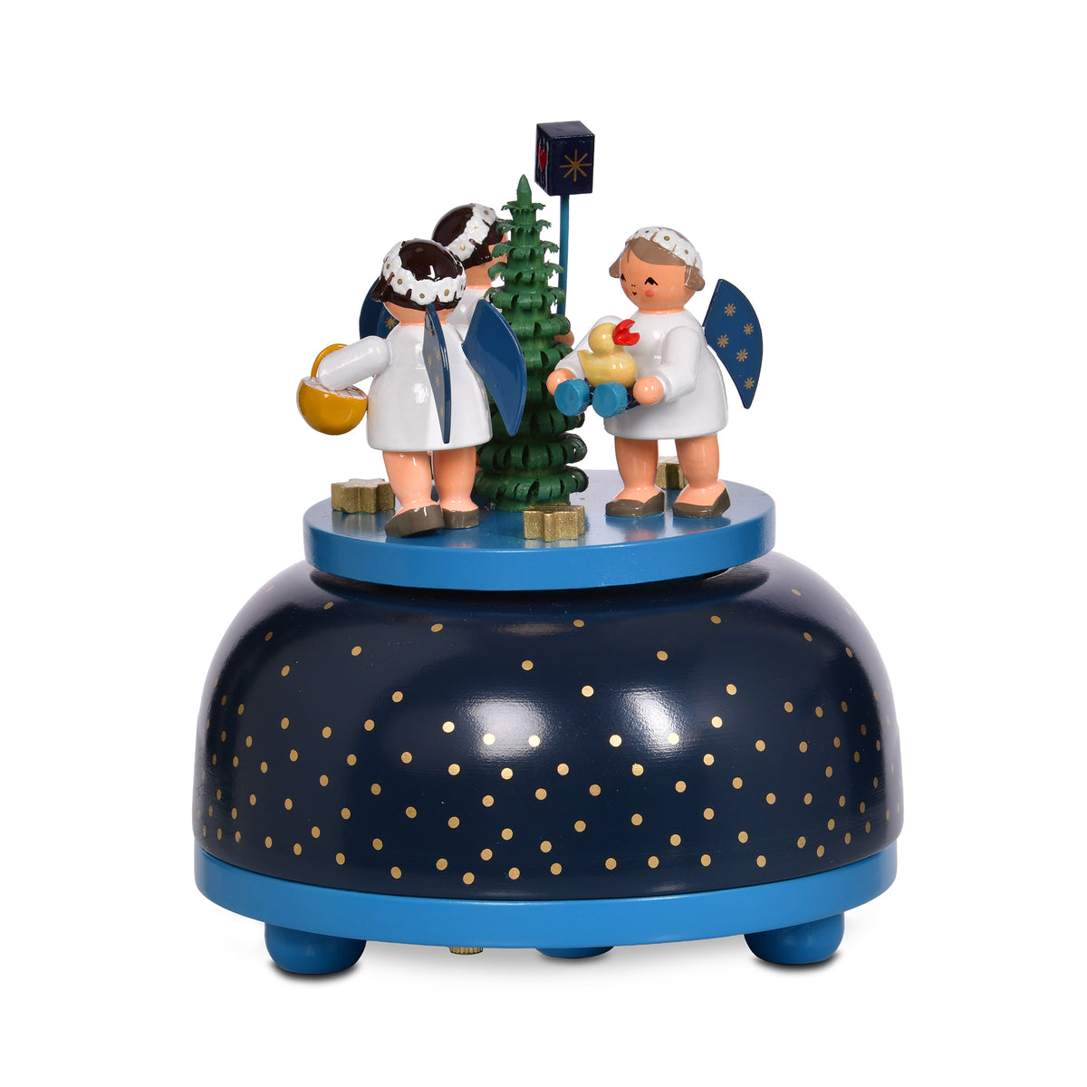 KWO Spieldose Engel mit Geschenk, handgefertigte erzgebirgische Holzkunst, runder Sockel mit weihnachtlichen Engelsfiguren, 12 cm Höhe.