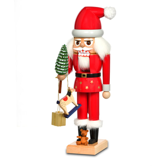 Original KWO Olbernhau Nussknacker Santa Claus 19301 aus Holz mit Schaukelpferd, Teddybär und Weihnachtsbaum, Handarbeit aus dem Erzgebirge.