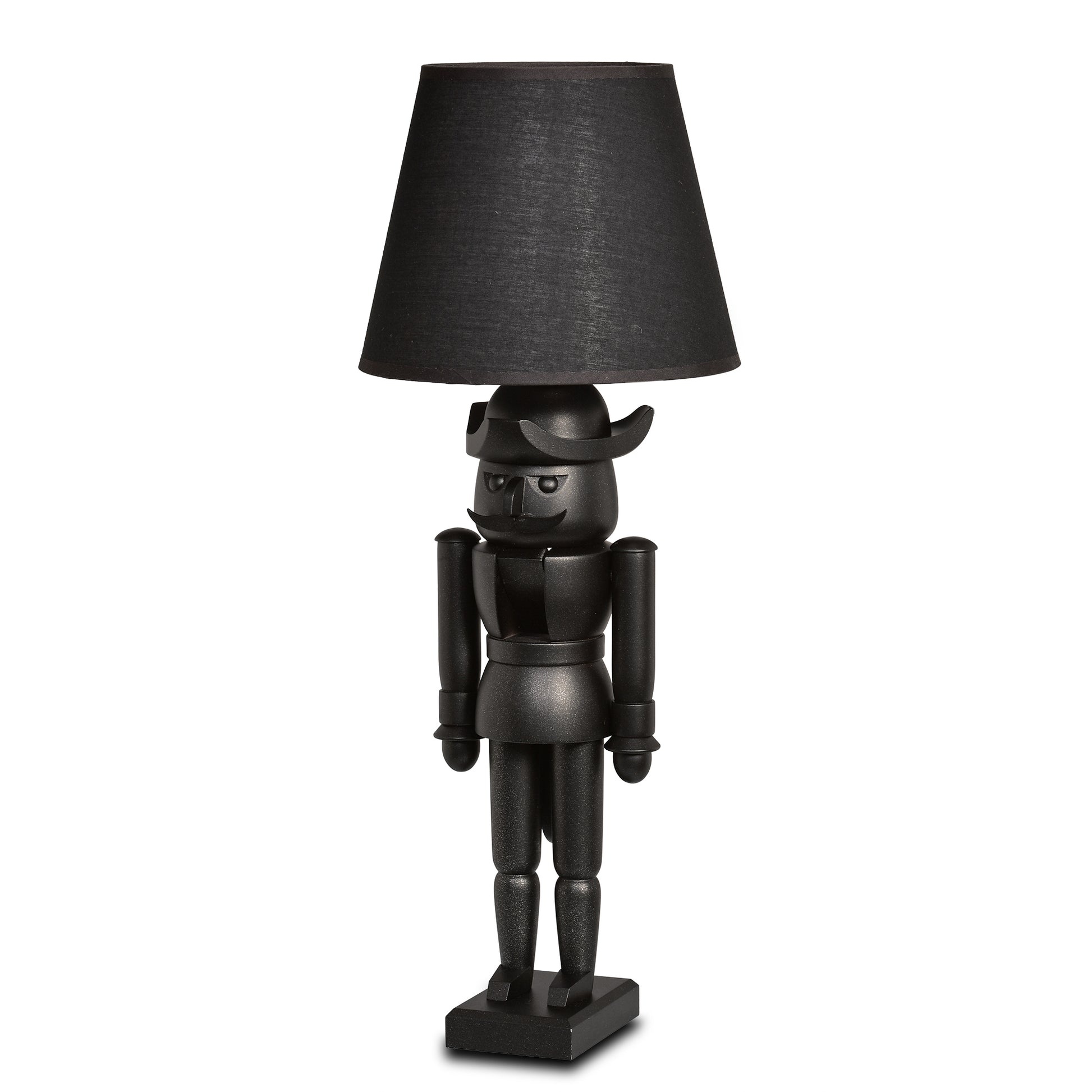 KWO Nussknacker-Leuchte Black Edition, 52cm Tischlampe, schwarze Erzgebirge Volkskunst mit Glimmer-Effekt und LED-Rauchglas.