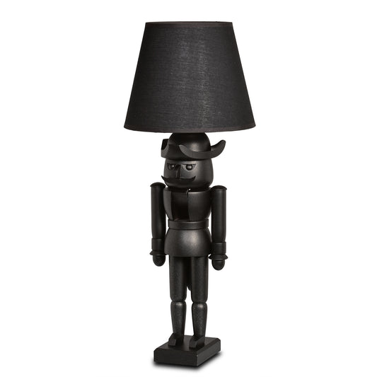 KWO Nussknacker-Leuchte Black Edition, 52cm Tischlampe, schwarze Erzgebirge Volkskunst mit Glimmer-Effekt und LED-Rauchglas.