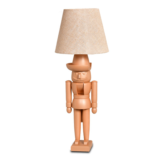 KWO Tischleuchte: Moderner Nussknacker in Ocker mit Schirm aus Naturleinen, handgefertigte Erzgebirge-Holzkunst, 54 cm hoch.