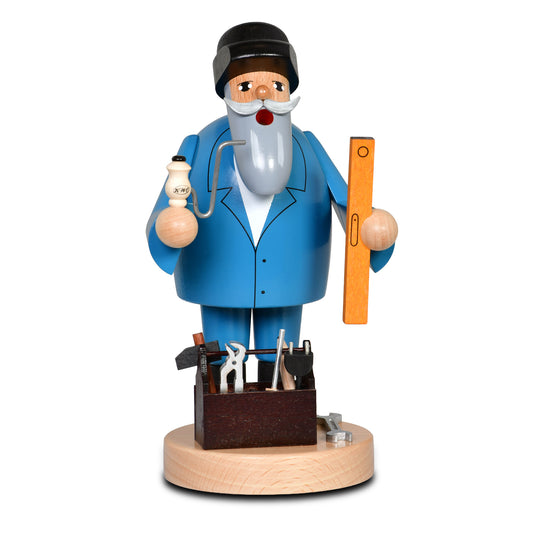 KWO Räuchermann Handwerker aus der Serie Die Bärtigen mit blauem Arbeitsanzug, Wasserwaage und Werkzeugkasten, erzgebirgische Volkskunst Art. 21189