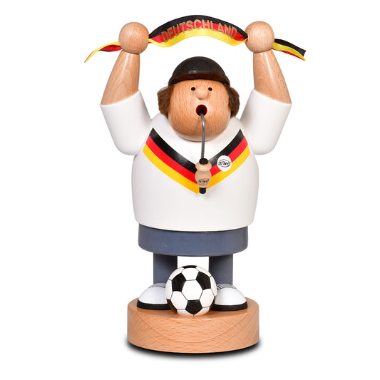 Räuchermann Fußballfan Neuheit Art. 21408 Serie Die Dicken, 20 cm hoch, mit Deutschland-Banner und Fußball, Handarbeit aus dem Erzgebirge.
