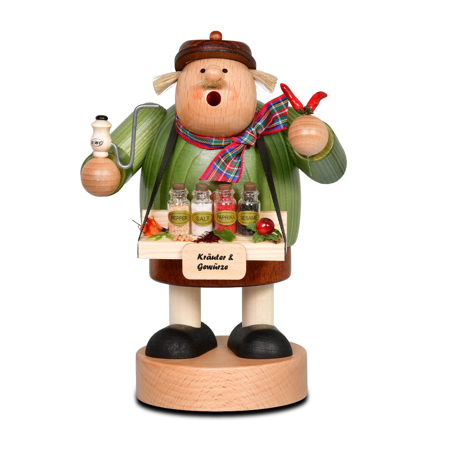 KWO Räuchermann Gewürzhändler Art. 21490 aus der Serie Die Dicken, original erzgebirgische Volkskunst aus Holz mit Bauchladen, Gewürzgläsern und Chilis.