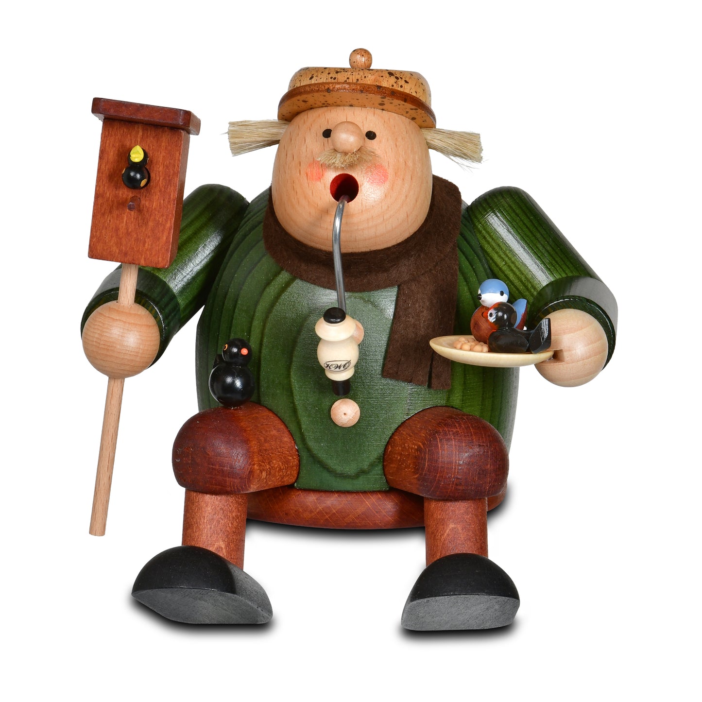 KWO Räuchermann Kantenhocker Vogelfreund Art. 21570 aus der Serie Die Dicken, gebeizte Holzfigur aus dem Erzgebirge mit Vogelhaus, Pfeife und kleinen Vögeln.