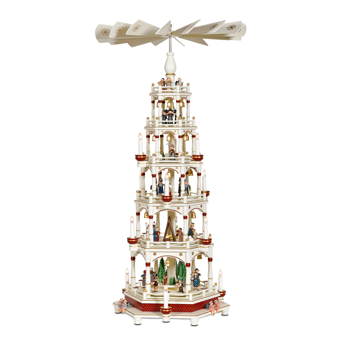 Große elektrische KWO Weihnachtspyramide 106 cm hoch in Weiß und Bordeaux, traditionelle Holzkunst aus dem Erzgebirge.